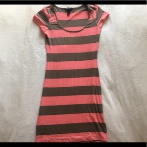 H&M Basic Fitted T-Shirt Dress, Pink and Brown